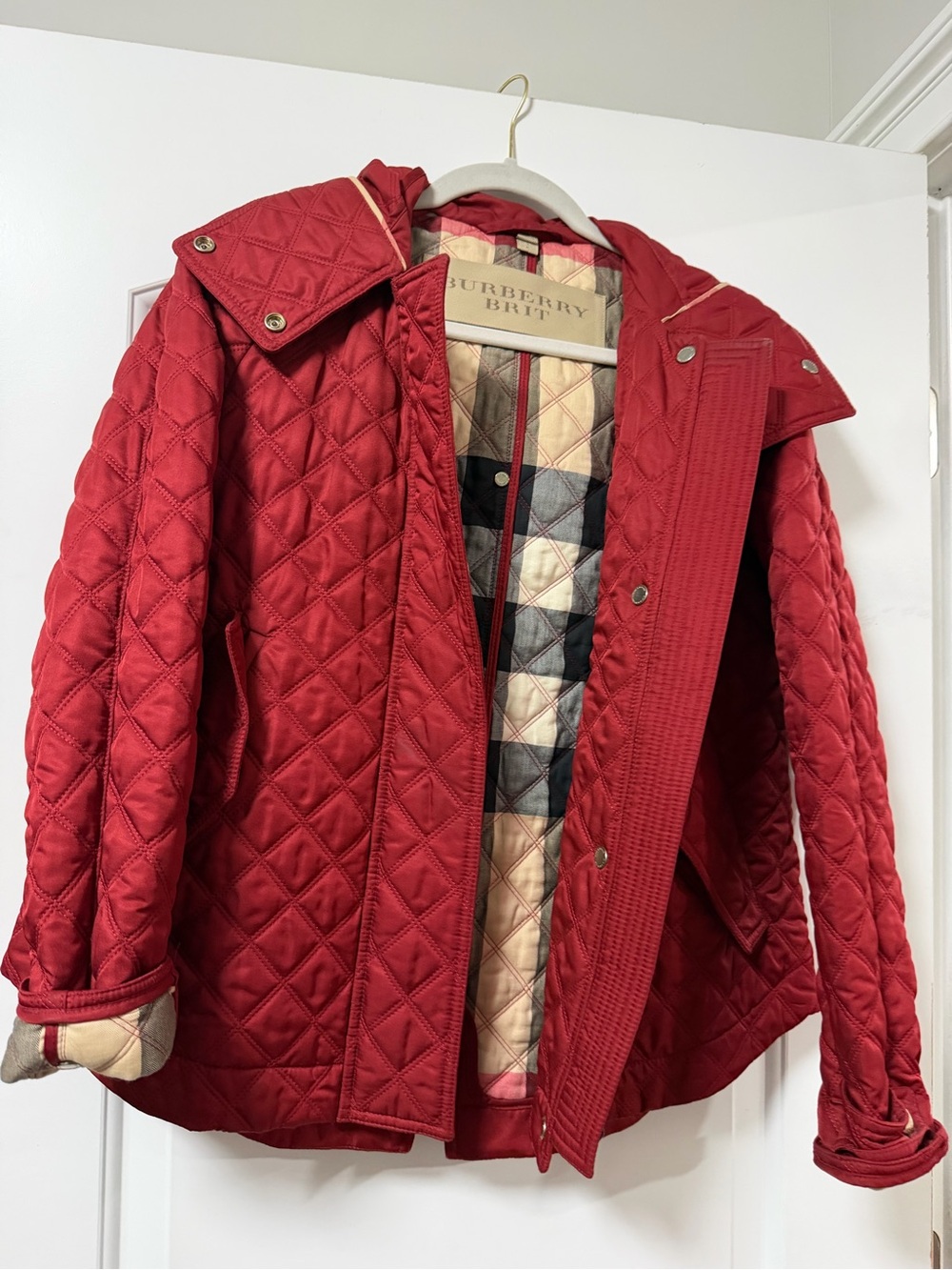 Burberry Quilted Red Puffer Jacket with Check Lining